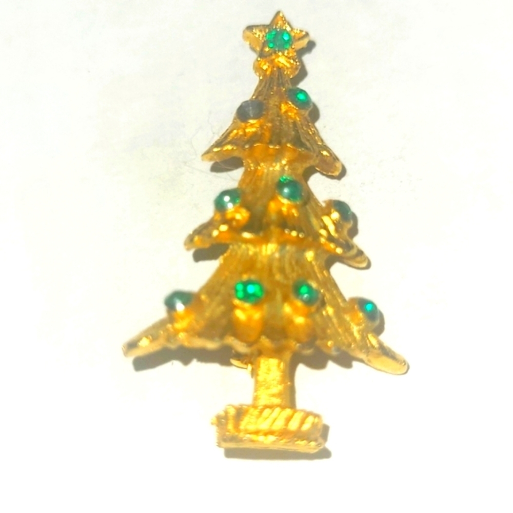 Vintage Marseille Christmas Tree Brooch Gold Emerald Green Crystal Signed Estate